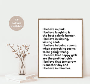 I Believe In Pink… Happy And Positive Girls Quote Print