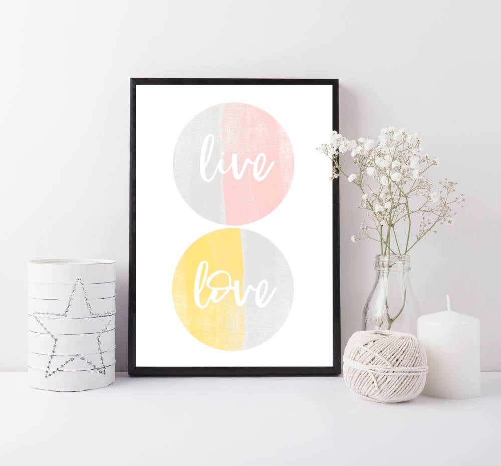 Live love abstract print - pink grey yellow art print - Love wall art - Scandi prints - grey pink yellow living room decor