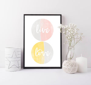 Live love abstract print - pink grey yellow art print - Love wall art - Scandi prints - grey pink yellow living room decor